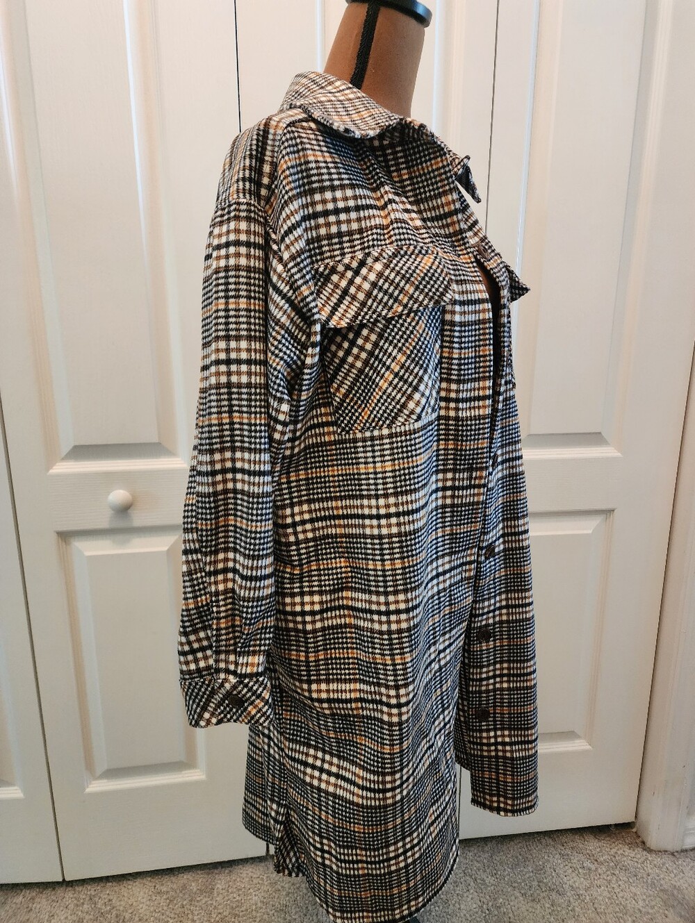 Lagenlook Checked Plaid Longline Shacket Shirt Jacket - Brown, Black & Cream - Picture 5 of 9